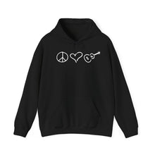 Load image into Gallery viewer, Cozy Hooded Sweatshirt Black Peace Love Ukulele