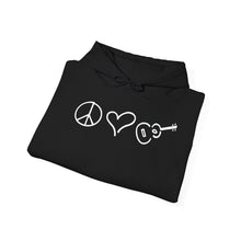 Load image into Gallery viewer, Cozy Hooded Sweatshirt Black Peace Love Ukulele