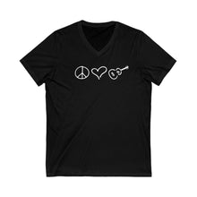 Load image into Gallery viewer, Cotton Unisex Black Peace Love Ukulele V-Neck Tee