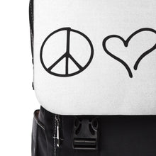 Load image into Gallery viewer, Shoulder Backpack Peace Love Ukulele logo
