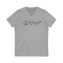 Load image into Gallery viewer, Cotton Unisex White or Gray Peace Love Ukulele V-Neck Tee
