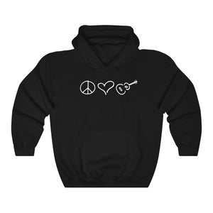 Cozy Hooded Sweatshirt Black Peace Love Ukulele